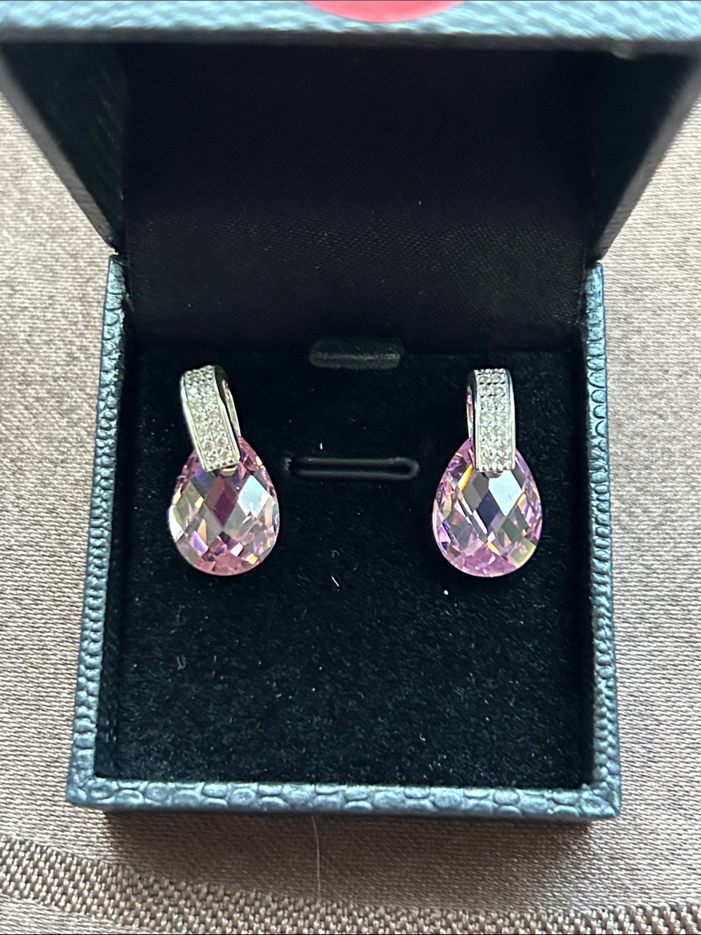 Faceted Pink Teardrop Crystal Dangle Earrings with Pave Accents